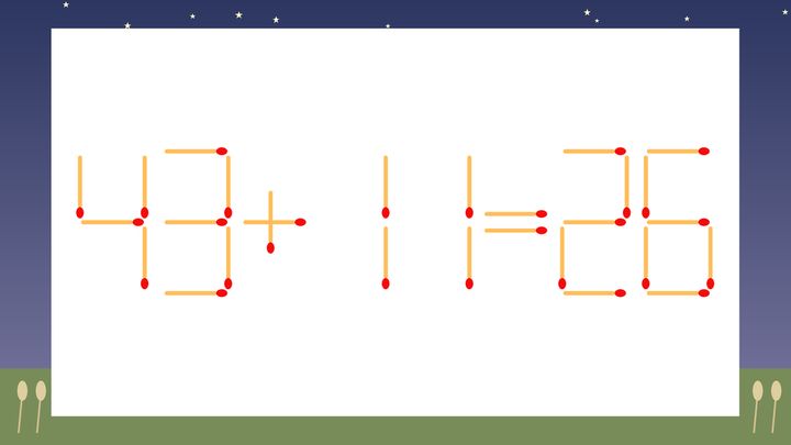 【マッチ棒クイズ】1本だけ動かして正しい式に：43+11=26？の問題画像