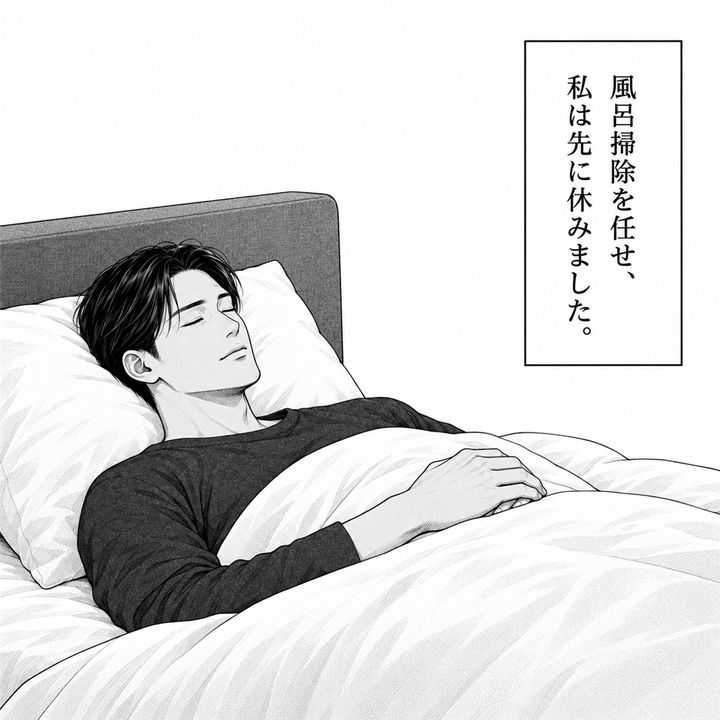 風呂掃除を妻に任せ、私は先に寝室で休みます。