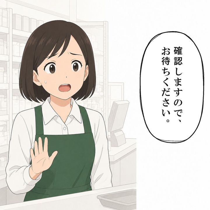 店員は売り場の確認が済むまで待つよう頼みます