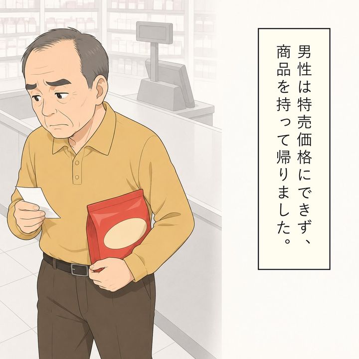男性客は特売価格にできず買った商品を持ち帰ります