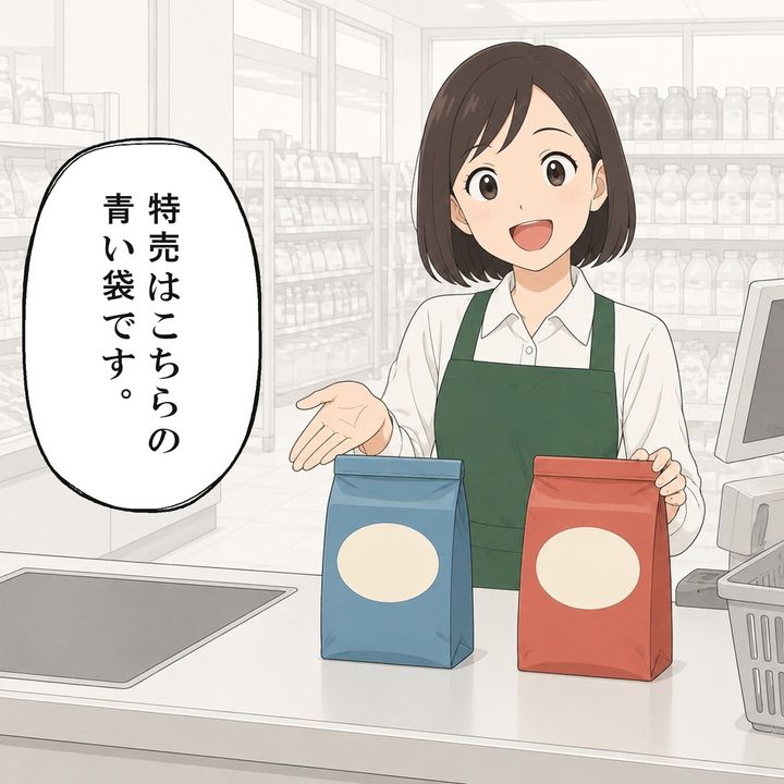 店員は特売対象が別の青い袋の商品だと伝えます