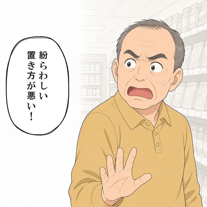 男性客は間違いを認めず商品の置き方を責めます