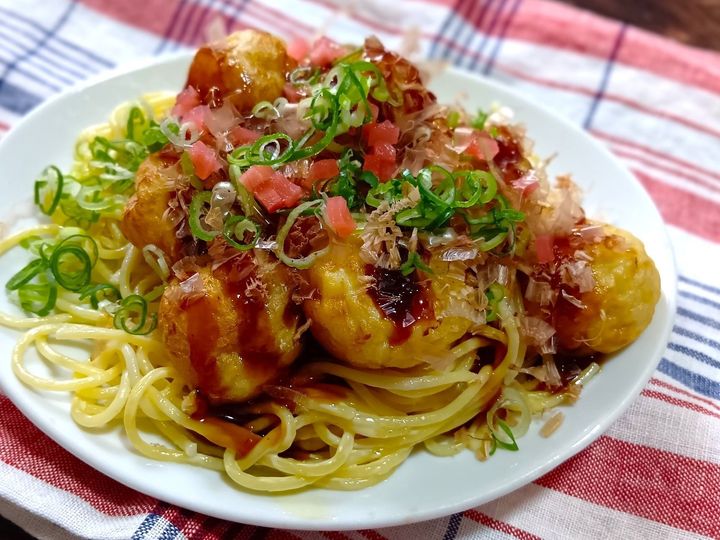 節約レシピ！ボリューム満点！たこ焼きがドーン！マヨたこ焼きスパゲティー