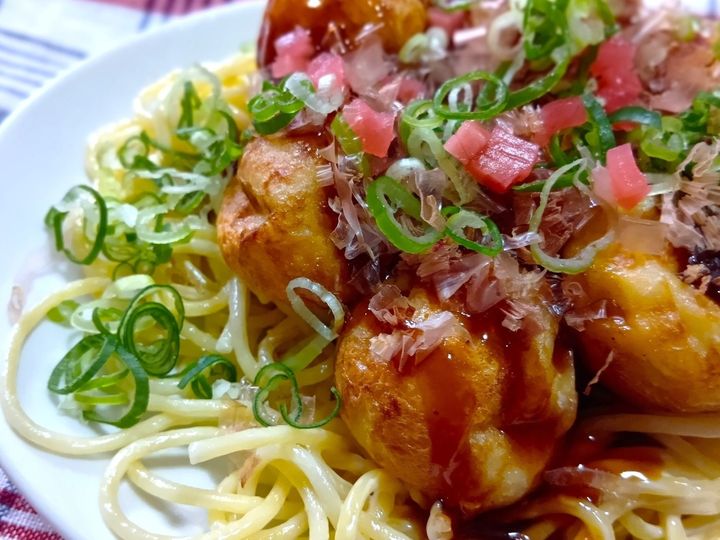 節約レシピ！ボリューム満点！たこ焼きがドーン！マヨたこ焼きスパゲティー