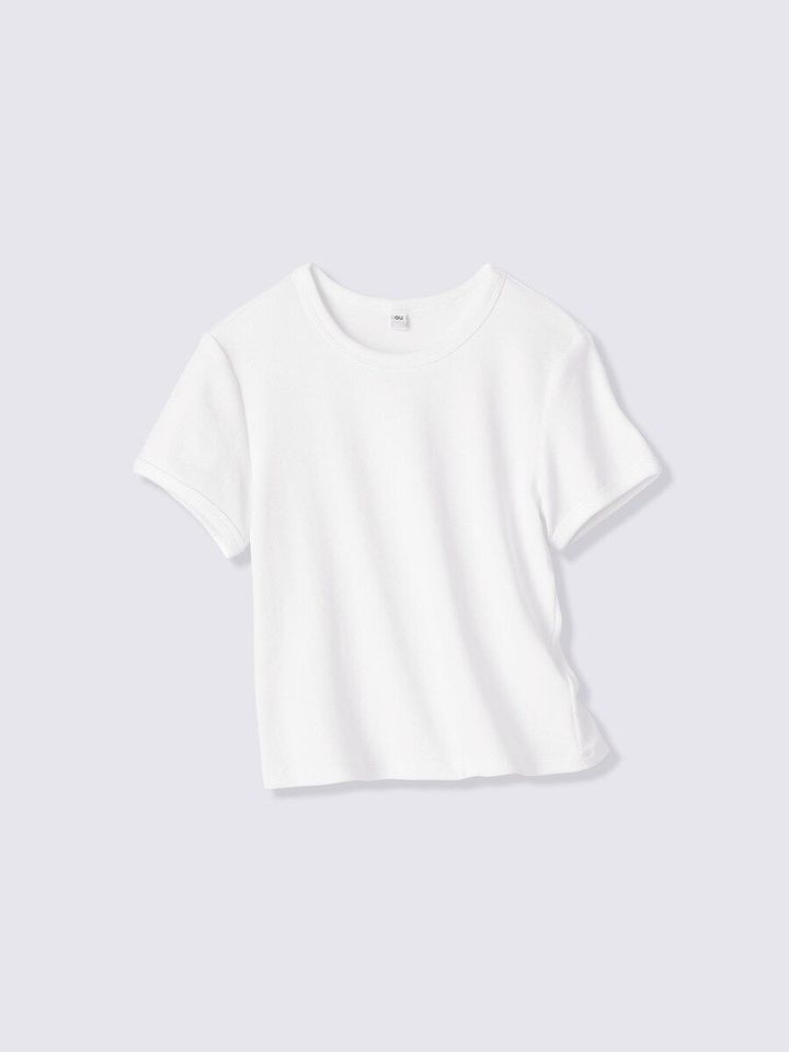 オフホワイトのリブクルーネックTシャツ