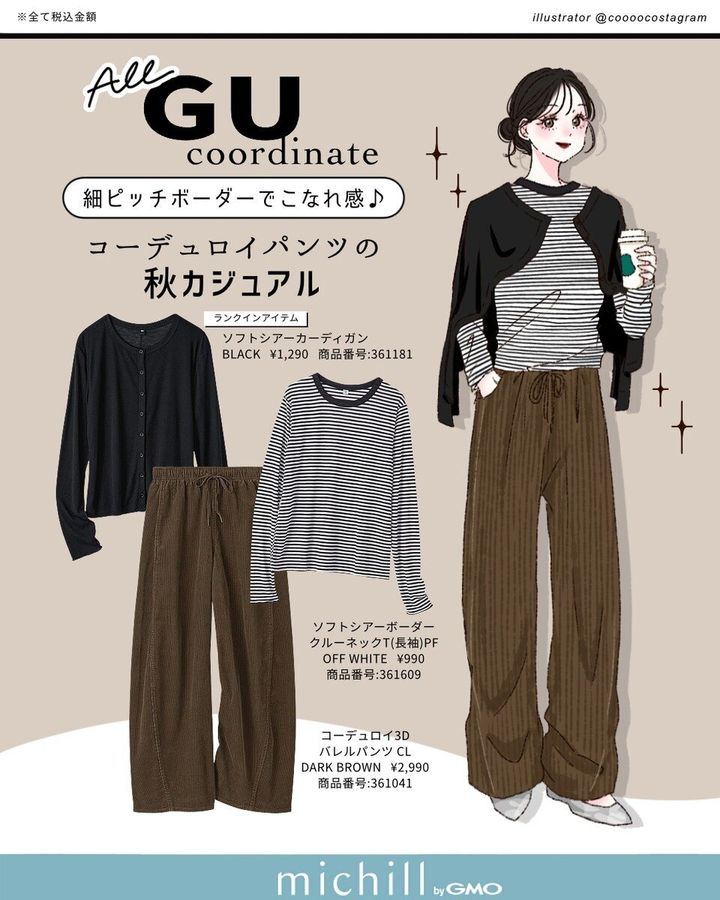 GUのボーダーTとコーデュロイパンツを着た女性と商品