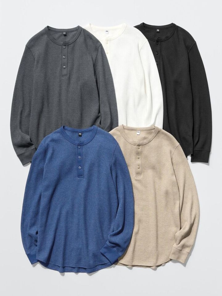 5色のワッフルヘンリーネックTシャツ
