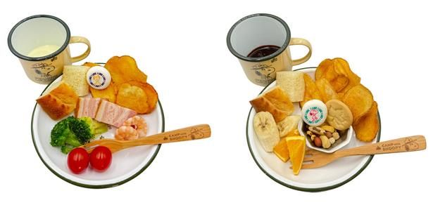 ロゴスBBQスタジアムのオリジナルメニュー。「CAMP with SNOOPY」のホーローマグや木製フォークで提供される