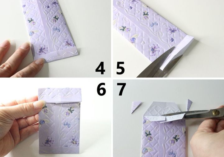 女性の手が紫色のデザインペーパーをカットするポチ袋作成工程4〜7