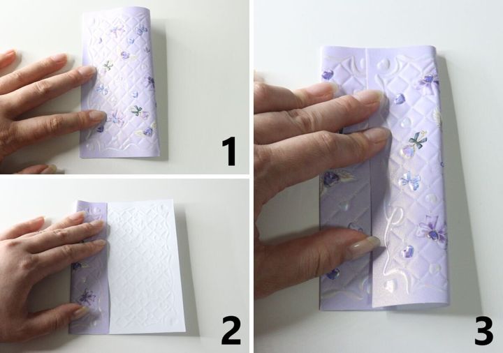女性の手が紫色のデザインペーパーを折るポチ袋作成工程1〜3