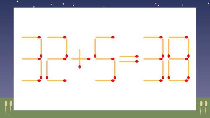 【マッチ棒クイズ】1本だけ動かして正しい式に：32+5=38？の問題画像