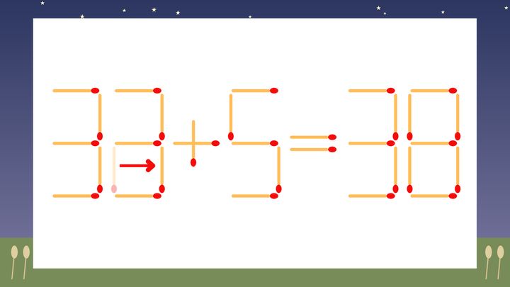 【マッチ棒クイズ】1本だけ動かして正しい式に：32+5=38？の解答画像