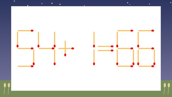【マッチ棒クイズ】1本だけ動かして正しい式に：54+1=66？の問題画像