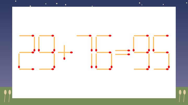 【マッチ棒クイズ】1本だけ動かして正しい式に：29+76=95？の問題画像