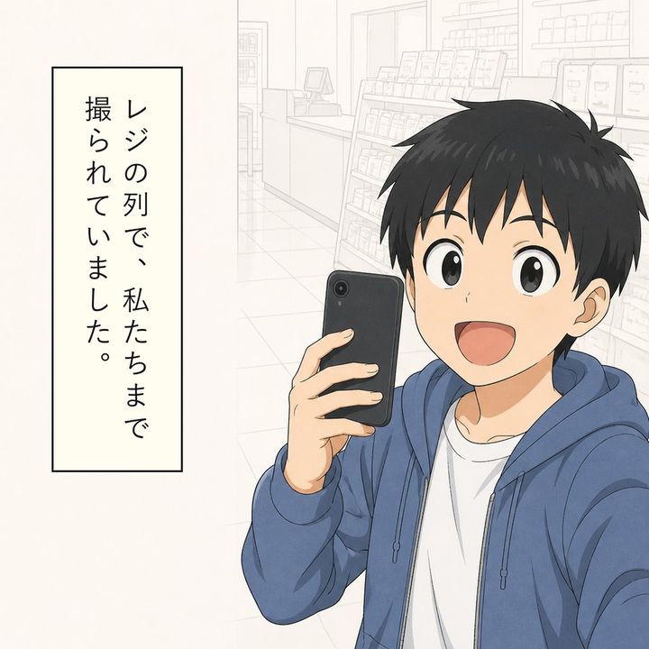 少年はレジを待つ列で仲間に向けて撮影を始めます