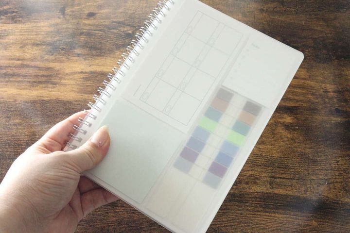 女性の手がふせんが内蔵されたリングノートを持っている