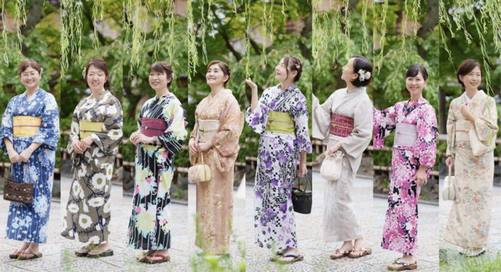 浴衣組が6人と、着物組が2人 ＊プロカメラマンの撮影許可が必要な白川沿いで
