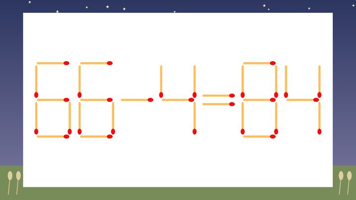 【マッチ棒クイズ】1本だけ動かして正しい式に：66-4=84？の問題画像