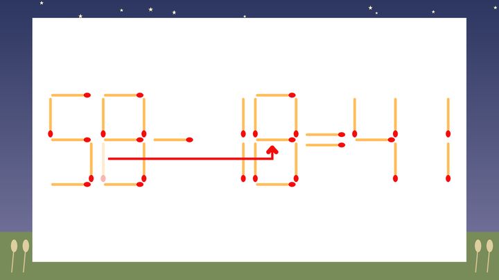 【マッチ棒クイズ】1本だけ動かして正しい式に：58-10=41？の解答画像
