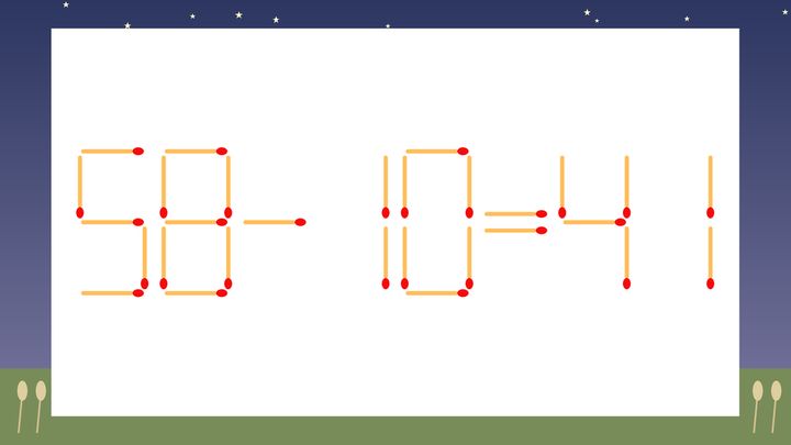 【マッチ棒クイズ】1本だけ動かして正しい式に：58-10=41？の問題画像