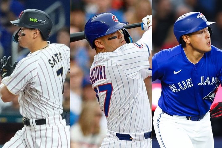 左から佐藤輝明、鈴木誠也、岡本和真（C）Getty Images