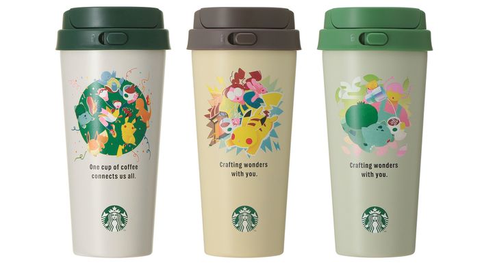 【オンラインストア限定】（左から）「Pokémon + STARBUCKS ステンレス TOGO ボトル」473ml ピカチュウ/フシギダネ/コーヒーコネクション 各6600円