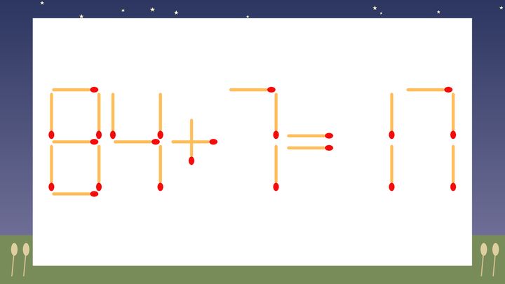 【マッチ棒クイズ】1本だけ動かして正しい式に：84+7=17？の問題画像