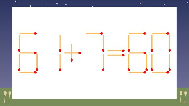 【マッチ棒クイズ】1本だけ動かして正しい式に：61+7=60？の問題画像