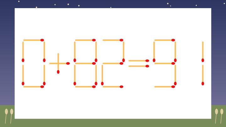 【マッチ棒クイズ】1本だけ動かして正しい式に：0+82=91？の問題画像