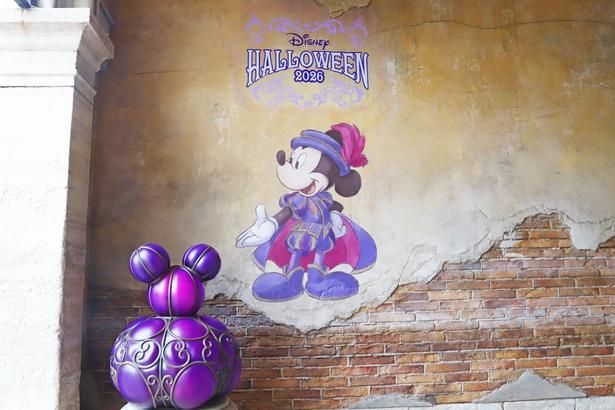 アトラクション「ヴェネツィアン・ゴンドラ」の乗り場前の道を入ると、壁にミッキーマウスのイラストが。反対側の壁にはミニーマウスも描かれている