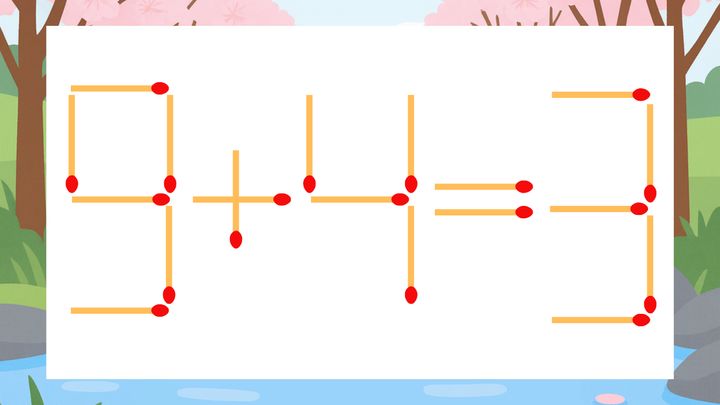 【マッチ棒クイズ】1本だけ動かして正しい式に：9+4=3？の問題画像
