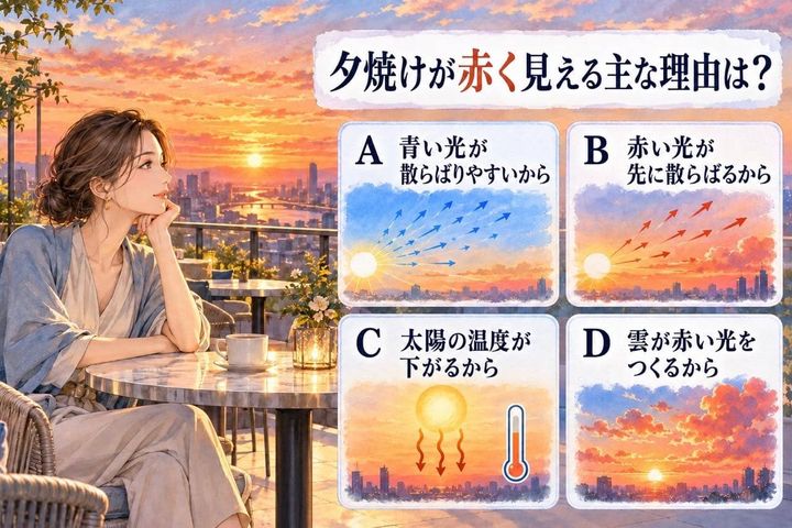 【自然科学テスト】夕焼けはなぜ赤い？知っているようで説明しにくい「空の色」の４択問題