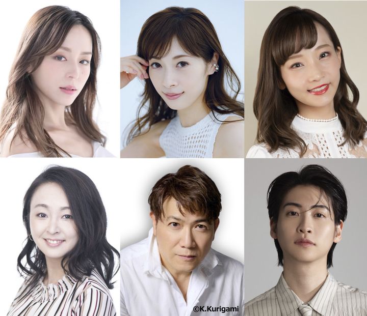 ミュージカル『9 to 5』に出演する（上段左から）平野綾、明日海りお、彩みちる、（下段左から）飯野めぐみ、別所哲也、山田健登 width=