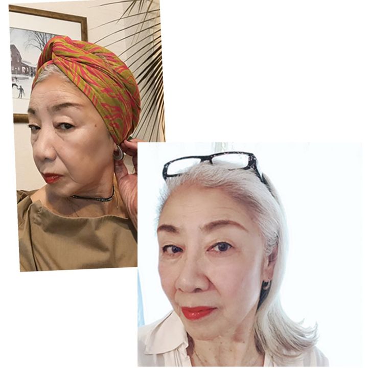 白髪に映える服やメイクを楽しむように。「グレーヘアまでの移行期間はターバンを巻いて乗りきりました。その経験を生かして、シニア向けに巻き方をレクチャーすることも」