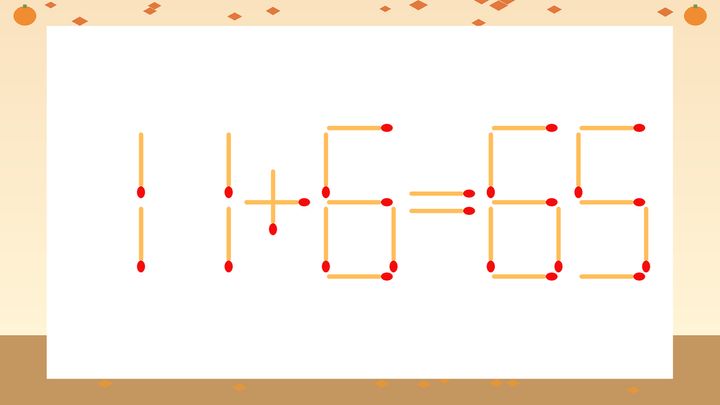 【マッチ棒クイズ】1本だけ動かして正しい式に：11+6=65？の問題画像