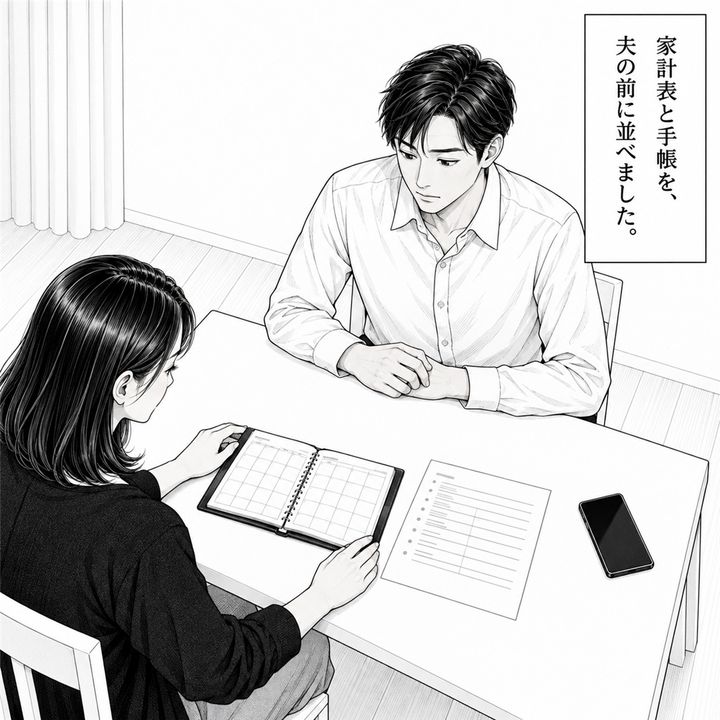 私は夫の前に、家計表と予定を書いた手帳を並べます。
