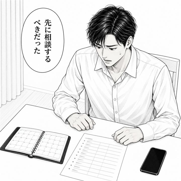 夫は家計表と手帳を見て、先に相談すべきだったと認めます。