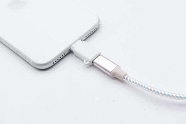 白いiPhoneにセリアのType-C変換アダプタを介してオーロラタイプ充電ケーブルを接続している様子