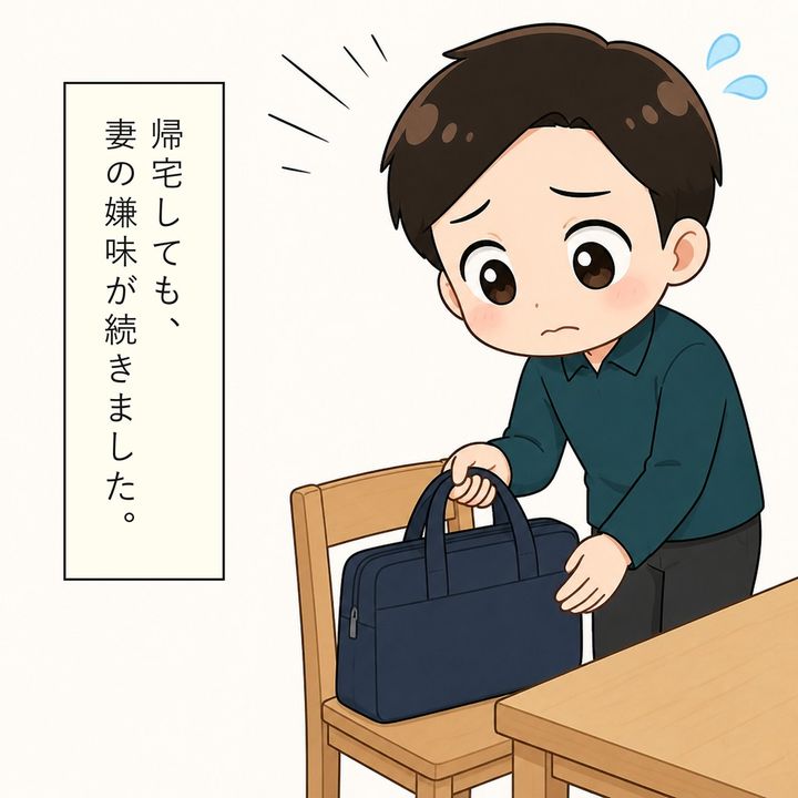 帰宅した夫は妻の嫌味に気が休まらずにいます