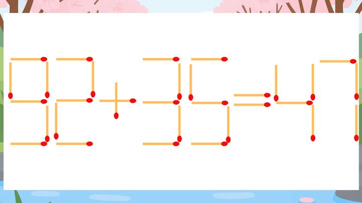 【マッチ棒クイズ】1本だけ動かして正しい式に：92+35=47？の問題画像