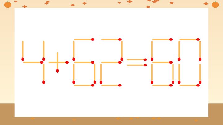 【マッチ棒クイズ】1本だけ動かして正しい式に：4+62=60？の問題画像