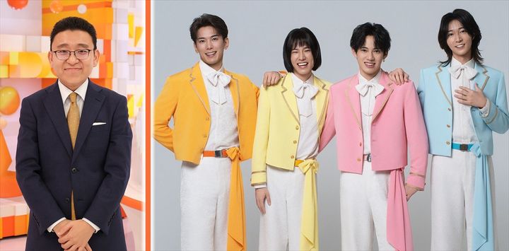 （左から）上垣皓太朗アナウンサー、モナキ（じん、おヨネ、ケンケン、サカイJr.） （C）フジテレビ width=