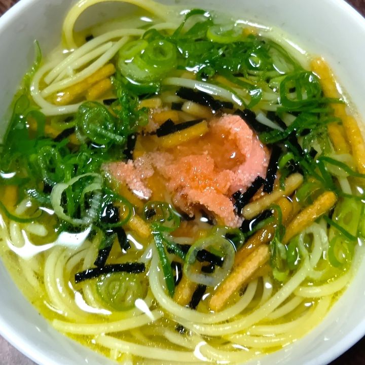 作り置き冷凍パスタを使って！爆速！めちゃ簡単！焼き辛子明太子のお茶漬け風スパゲティー！