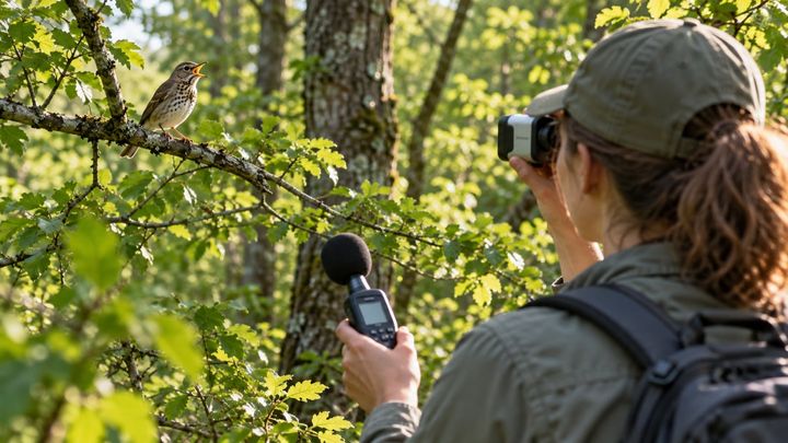 ゴルフの道具を手に、123種の鳥の声を測る