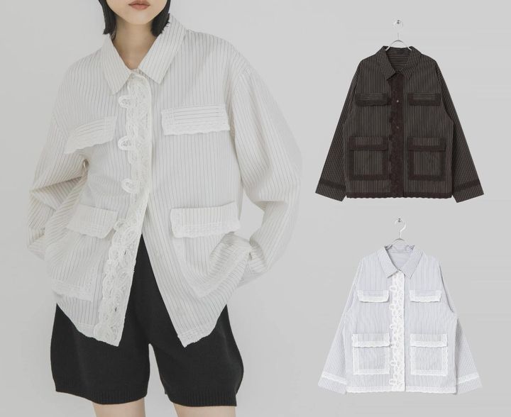 画像: バテンレースストライプシャツ（アイボリー、ブラウン、ブルーグレー）各¥7,700（すべてケービーエフ） 出典：ケービーエフ