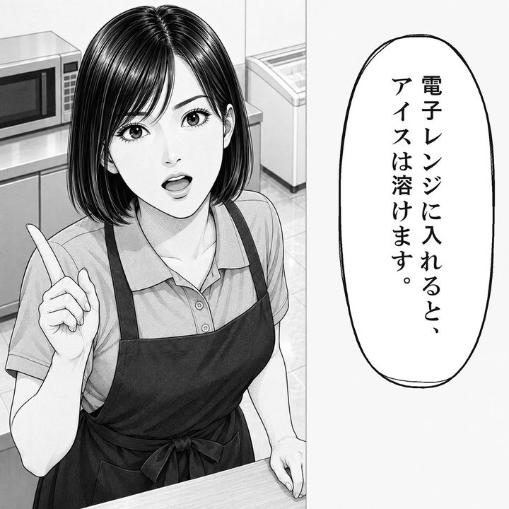 店員は電子レンジではアイスが溶けると説明します