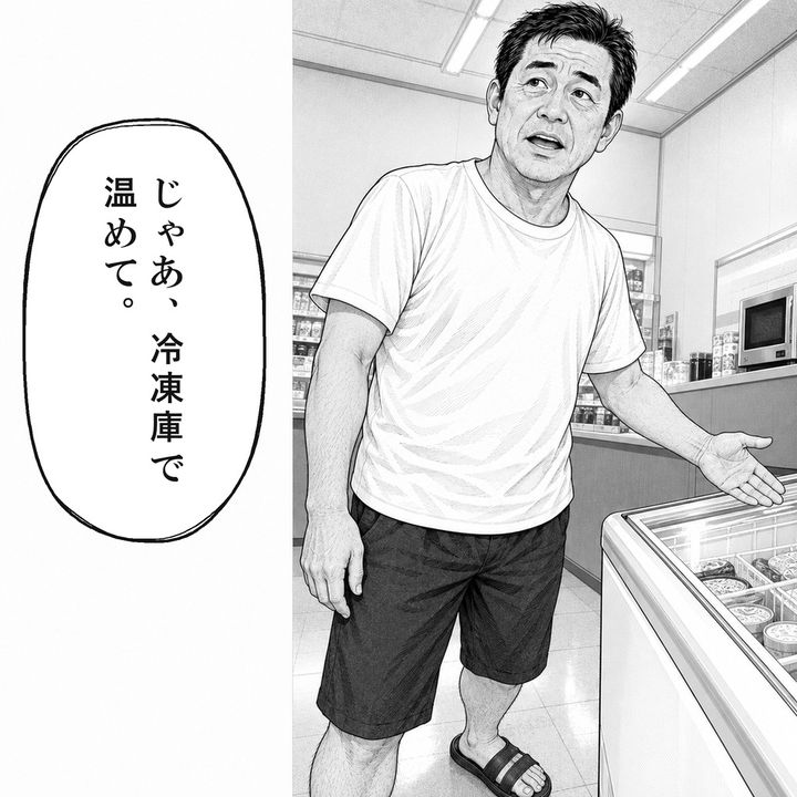 男性客はアイスを冷凍庫で温めてと頼みます
