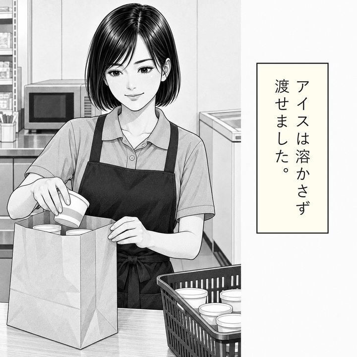 店員はアイスを溶かさず袋に入れて渡します
