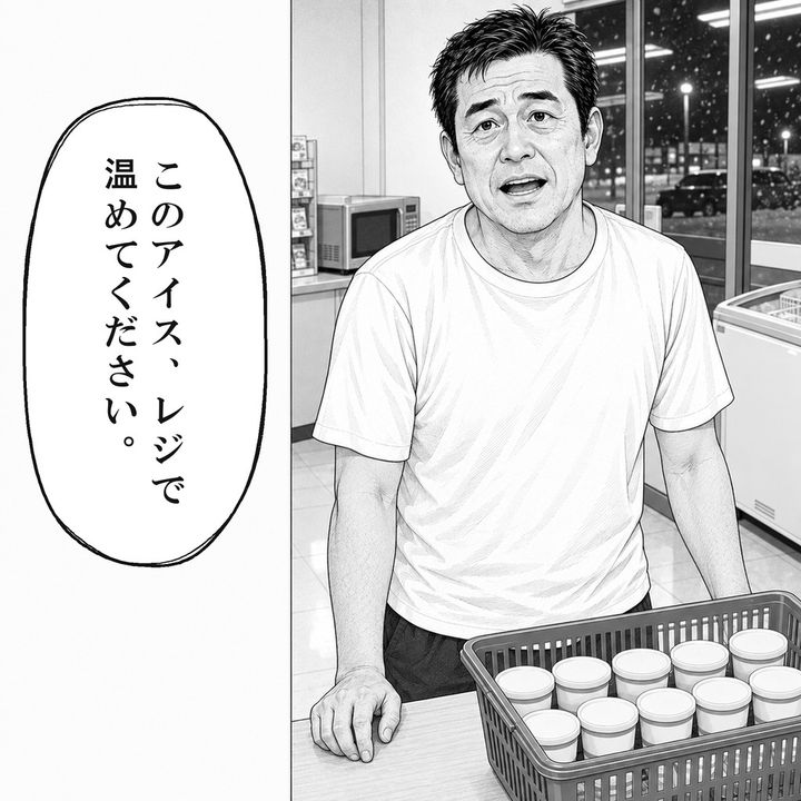 男性客はアイスを10個持ってきて温めてと頼みます