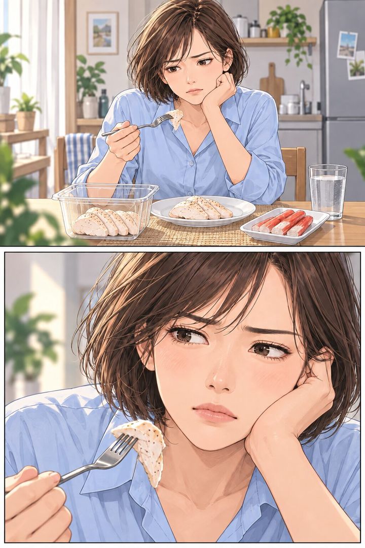サラダチキンとカニカマを前に、食事制限のつらさを感じる女性を描いた漫画